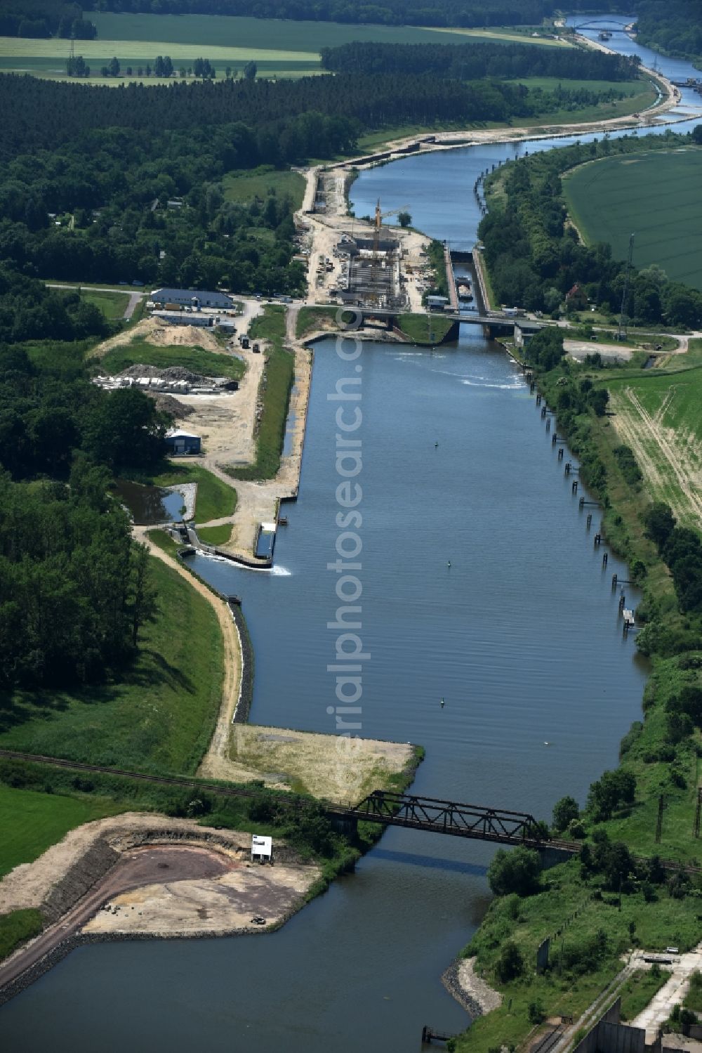 Elbe-Parey from above - Construction site at the Zerben sluice, bridge and the weir at the riverside of the Elbe-Havel-Canel in the state Saxony-Anhalt