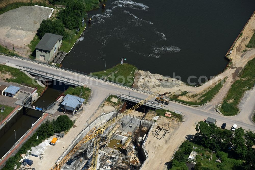 Zerben Elbe-Parey from the bird's eye view: Construction site at the Zerben sluice, bridge and the riverside of the Elbe-Havel-Canel in the state Saxony-Anhalt