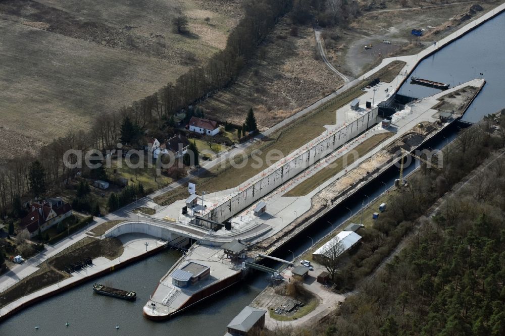 Aerial photograph Elbe-Parey - Construction site at the Zerben sluice, bridge and the weir at the riverside of the Elbe-Havel-Canel in the state Saxony-Anhalt