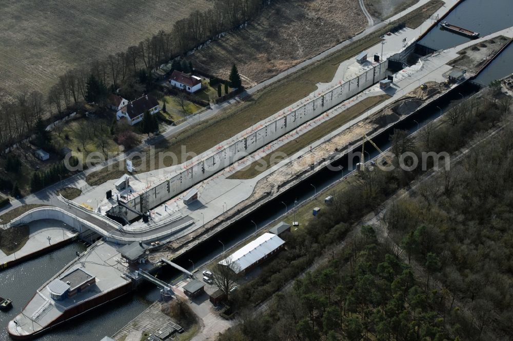 Elbe-Parey from above - Construction site at the Zerben sluice, bridge and the weir at the riverside of the Elbe-Havel-Canel in the state Saxony-Anhalt