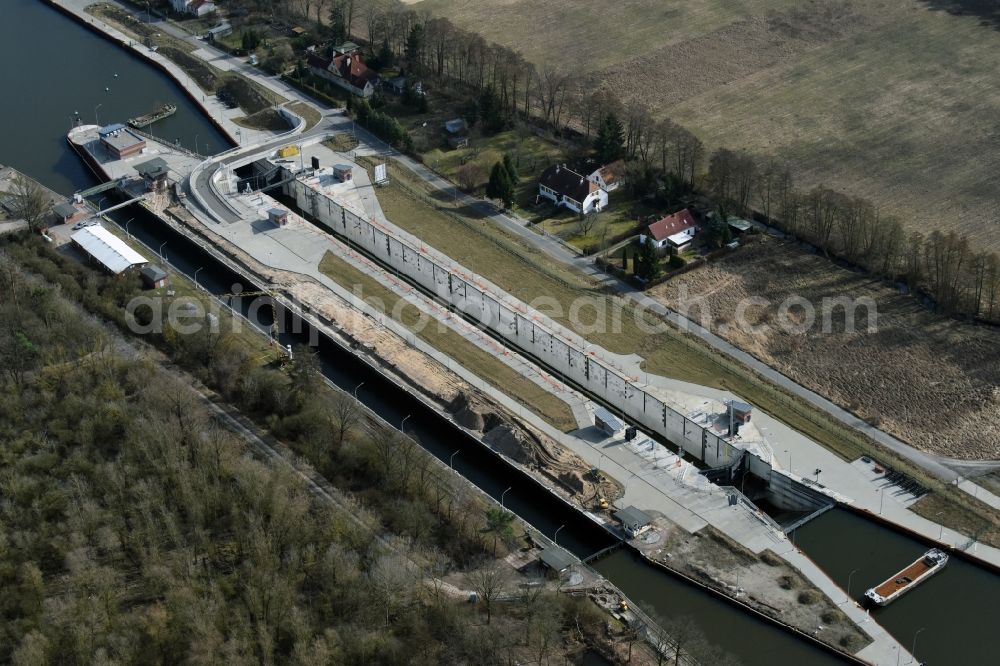 Aerial image Elbe-Parey - Construction site at the Zerben sluice, bridge and the weir at the riverside of the Elbe-Havel-Canel in the state Saxony-Anhalt