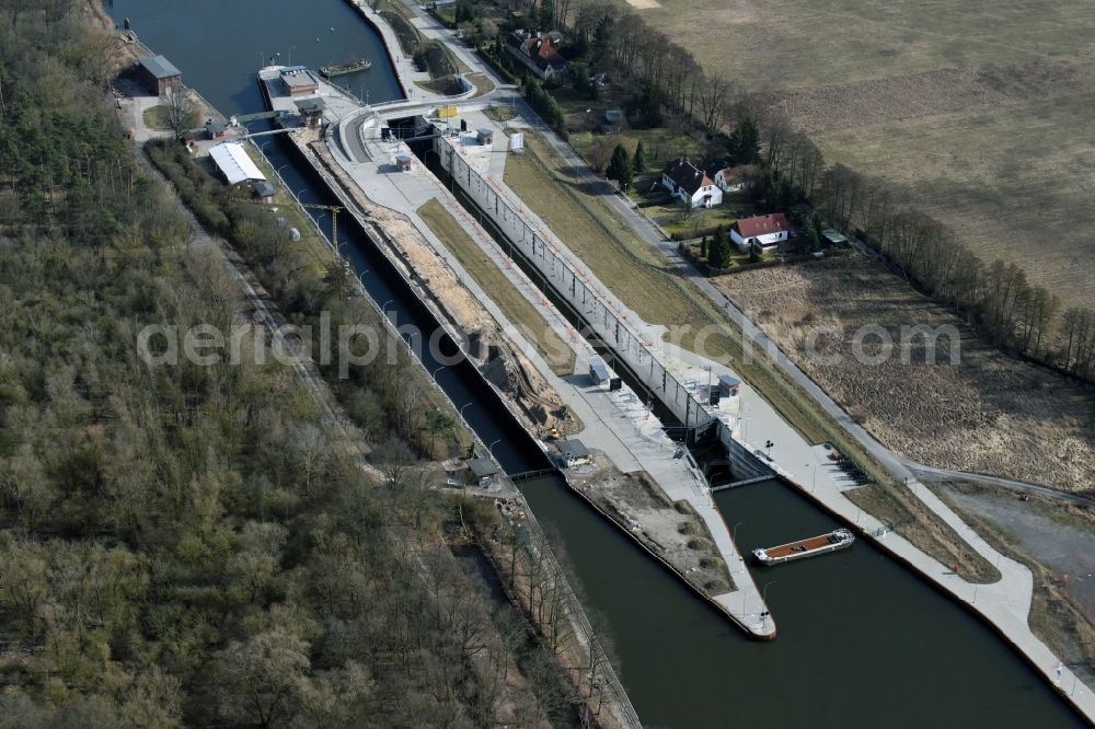 Aerial photograph Elbe-Parey - Construction site at the Zerben sluice, bridge and the weir at the riverside of the Elbe-Havel-Canel in the state Saxony-Anhalt