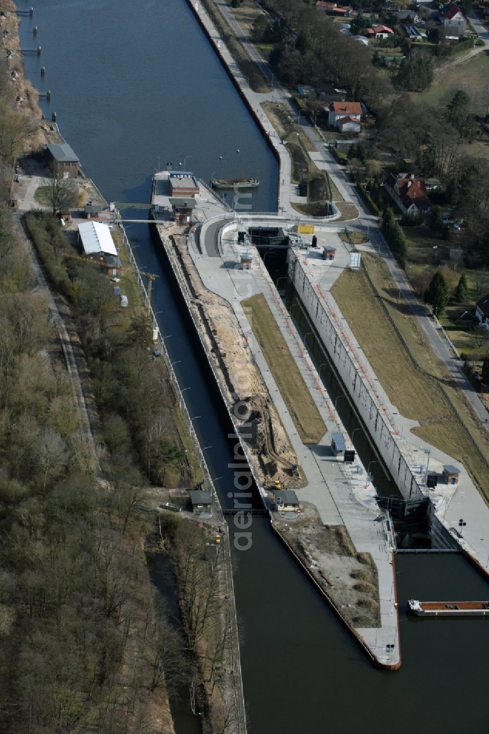 Elbe-Parey from above - Construction site at the Zerben sluice, bridge and the weir at the riverside of the Elbe-Havel-Canel in the state Saxony-Anhalt