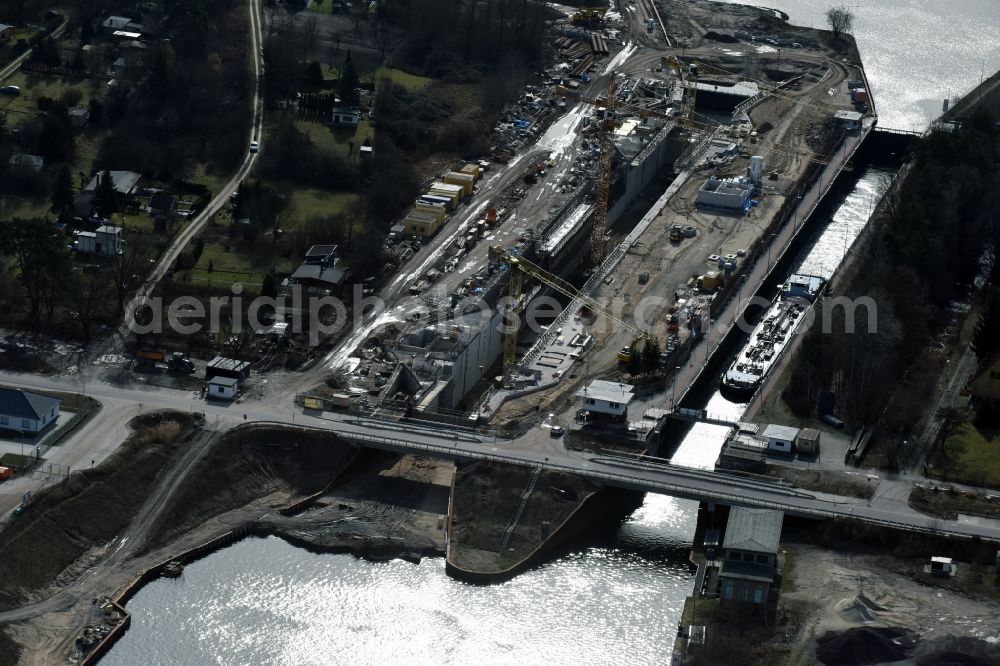 Aerial image Elbe-Parey - Construction site at the Zerben sluice, bridge and the weir at the riverside of the Elbe-Havel-Canel in the state Saxony-Anhalt