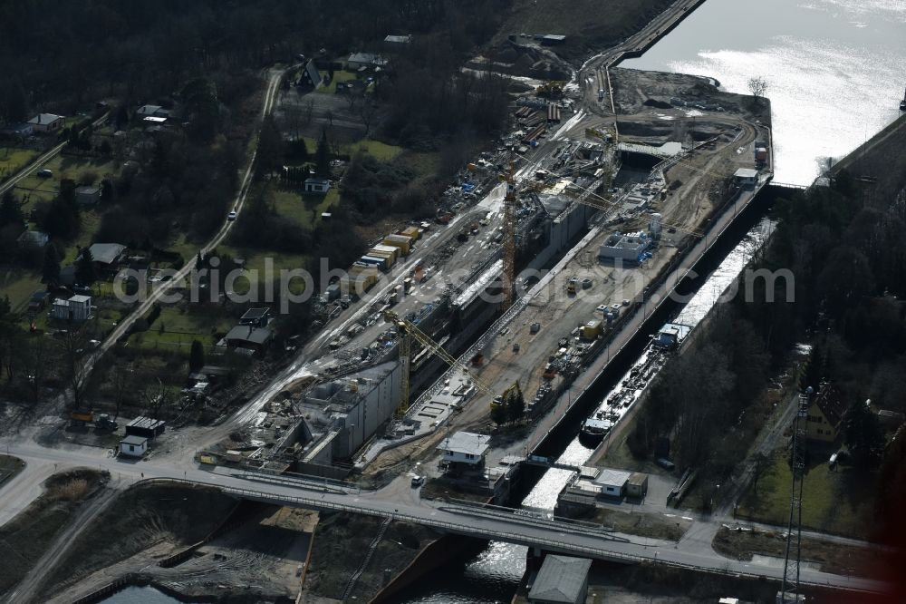 Aerial photograph Elbe-Parey - Construction site at the Zerben sluice, bridge and the weir at the riverside of the Elbe-Havel-Canel in the state Saxony-Anhalt