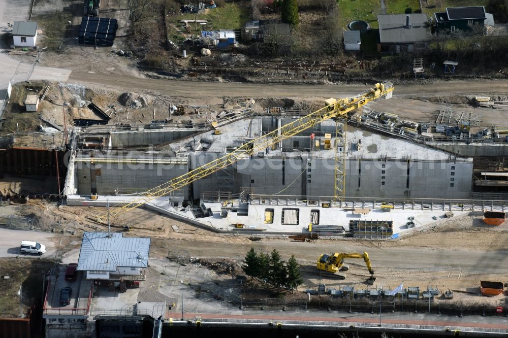 Elbe-Parey from above - Construction site at the Zerben sluice, bridge and the weir at the riverside of the Elbe-Havel-Canel in the state Saxony-Anhalt