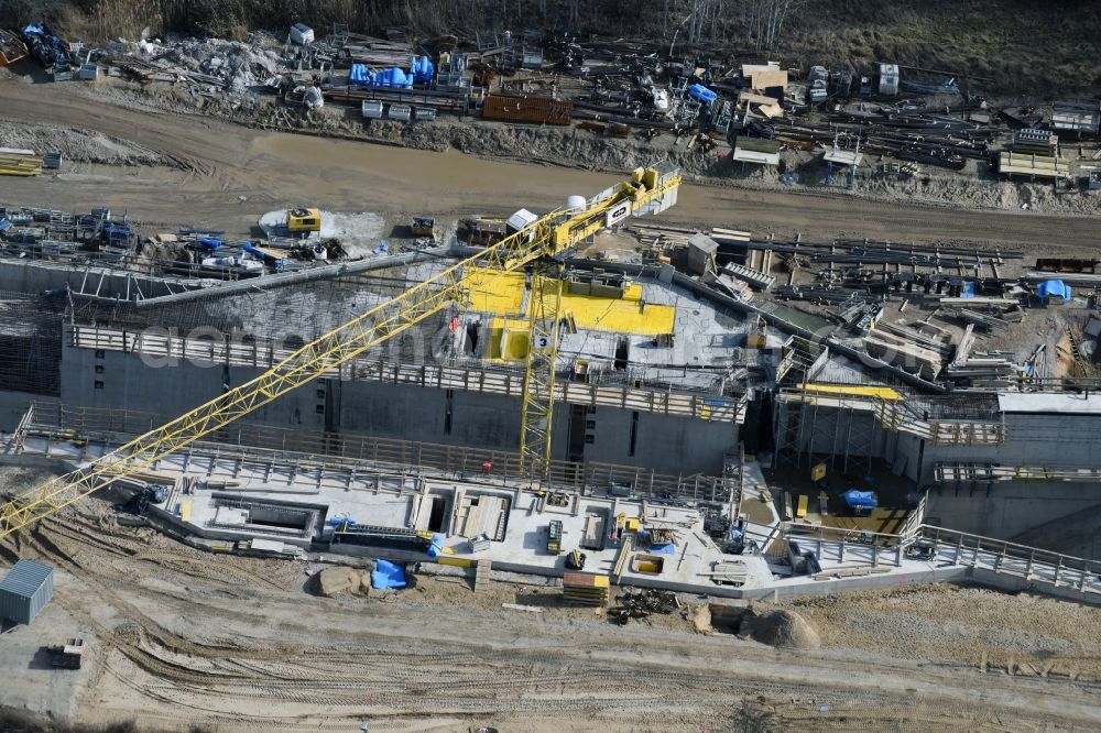 Elbe-Parey from the bird's eye view: Construction site at the Zerben sluice, bridge and the weir at the riverside of the Elbe-Havel-Canel in the state Saxony-Anhalt