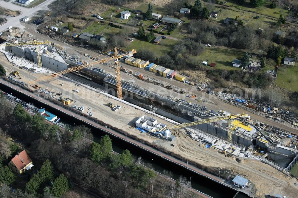 Aerial image Elbe-Parey - Construction site at the Zerben sluice, bridge and the weir at the riverside of the Elbe-Havel-Canel in the state Saxony-Anhalt