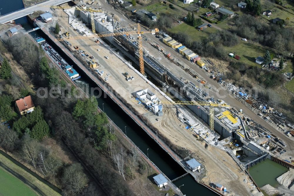 Aerial photograph Elbe-Parey - Construction site at the Zerben sluice, bridge and the weir at the riverside of the Elbe-Havel-Canel in the state Saxony-Anhalt