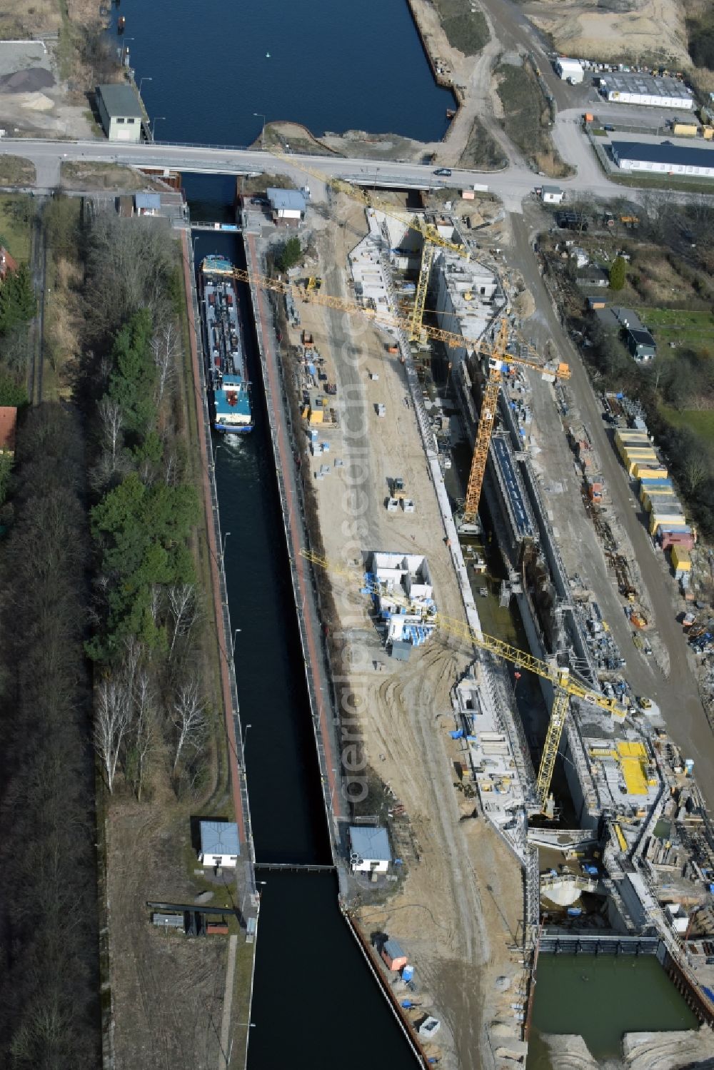 Elbe-Parey from above - Construction site at the Zerben sluice, bridge and the weir at the riverside of the Elbe-Havel-Canel in the state Saxony-Anhalt