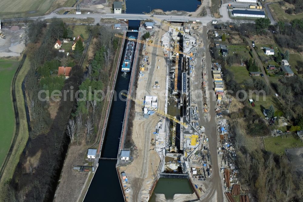 Aerial image Elbe-Parey - Construction site at the Zerben sluice, bridge and the weir at the riverside of the Elbe-Havel-Canel in the state Saxony-Anhalt