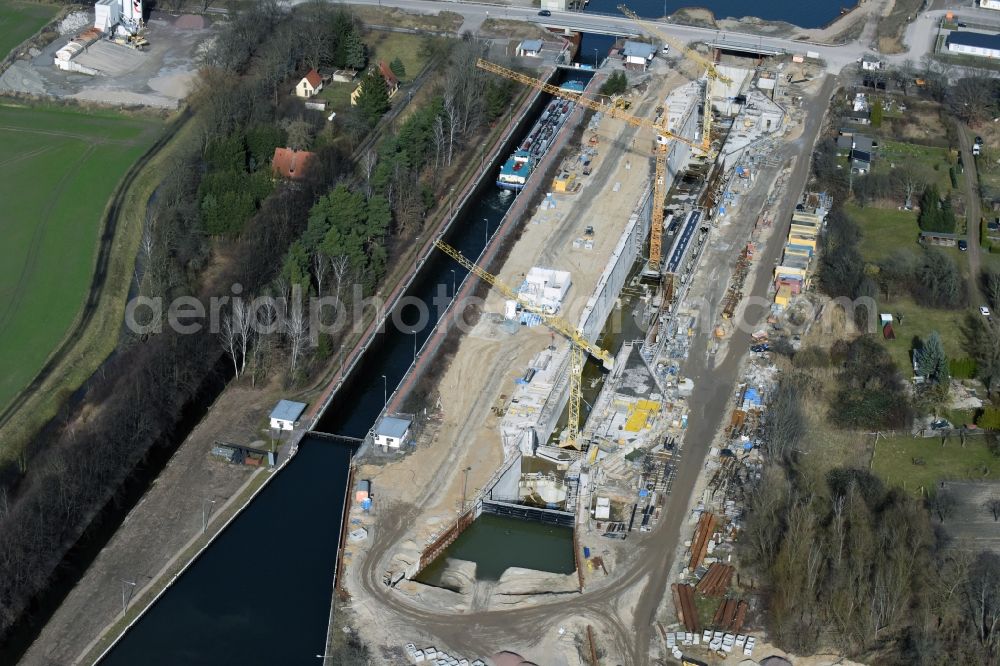 Aerial photograph Elbe-Parey - Construction site at the Zerben sluice, bridge and the weir at the riverside of the Elbe-Havel-Canel in the state Saxony-Anhalt