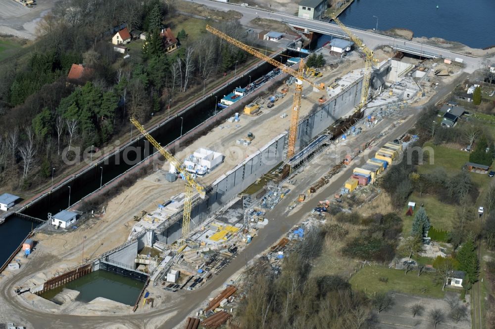 Elbe-Parey from above - Construction site at the Zerben sluice, bridge and the weir at the riverside of the Elbe-Havel-Canel in the state Saxony-Anhalt