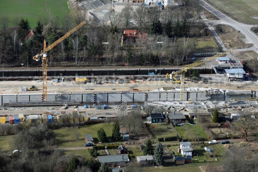 Elbe-Parey from the bird's eye view: Construction site at the Zerben sluice, bridge and the weir at the riverside of the Elbe-Havel-Canel in the state Saxony-Anhalt