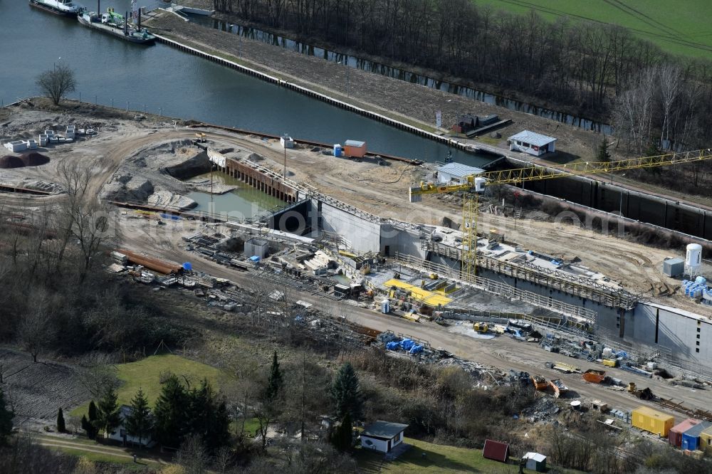 Aerial image Elbe-Parey - Construction site at the Zerben sluice, bridge and the weir at the riverside of the Elbe-Havel-Canel in the state Saxony-Anhalt