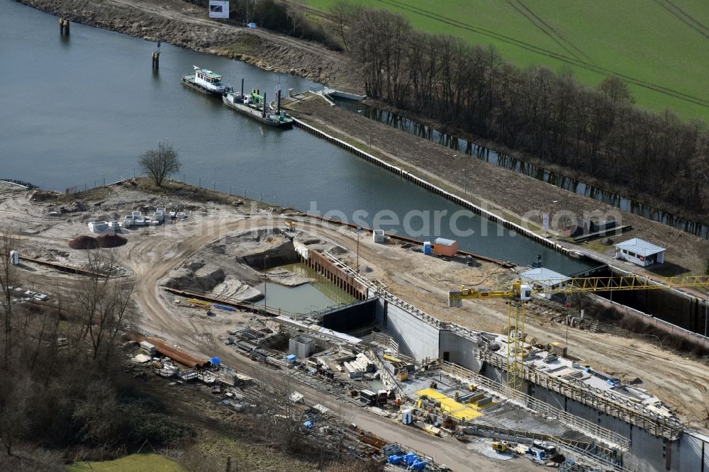 Aerial photograph Elbe-Parey - Construction site at the Zerben sluice, bridge and the weir at the riverside of the Elbe-Havel-Canel in the state Saxony-Anhalt