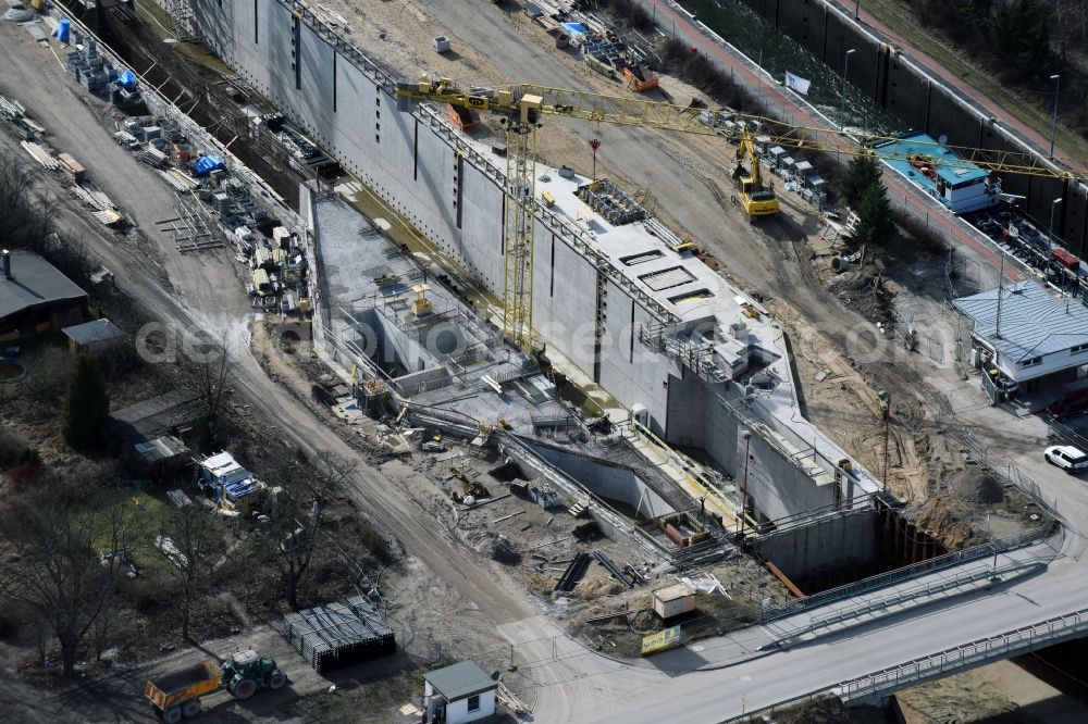 Elbe-Parey from above - Construction site at the Zerben sluice, bridge and the weir at the riverside of the Elbe-Havel-Canel in the state Saxony-Anhalt