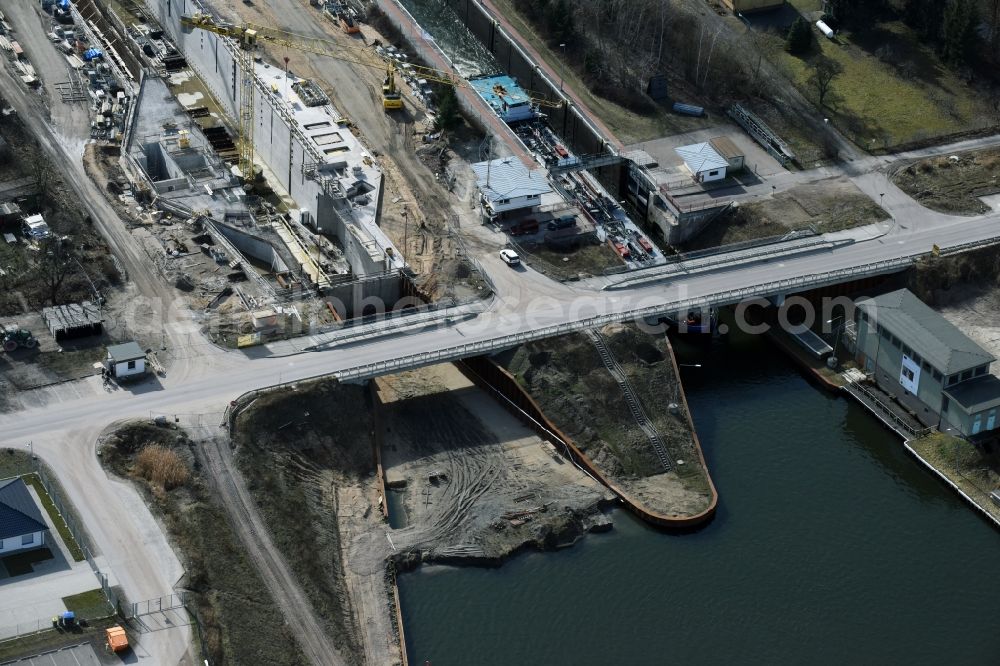 Elbe-Parey from the bird's eye view: Construction site at the Zerben sluice, bridge and the weir at the riverside of the Elbe-Havel-Canel in the state Saxony-Anhalt