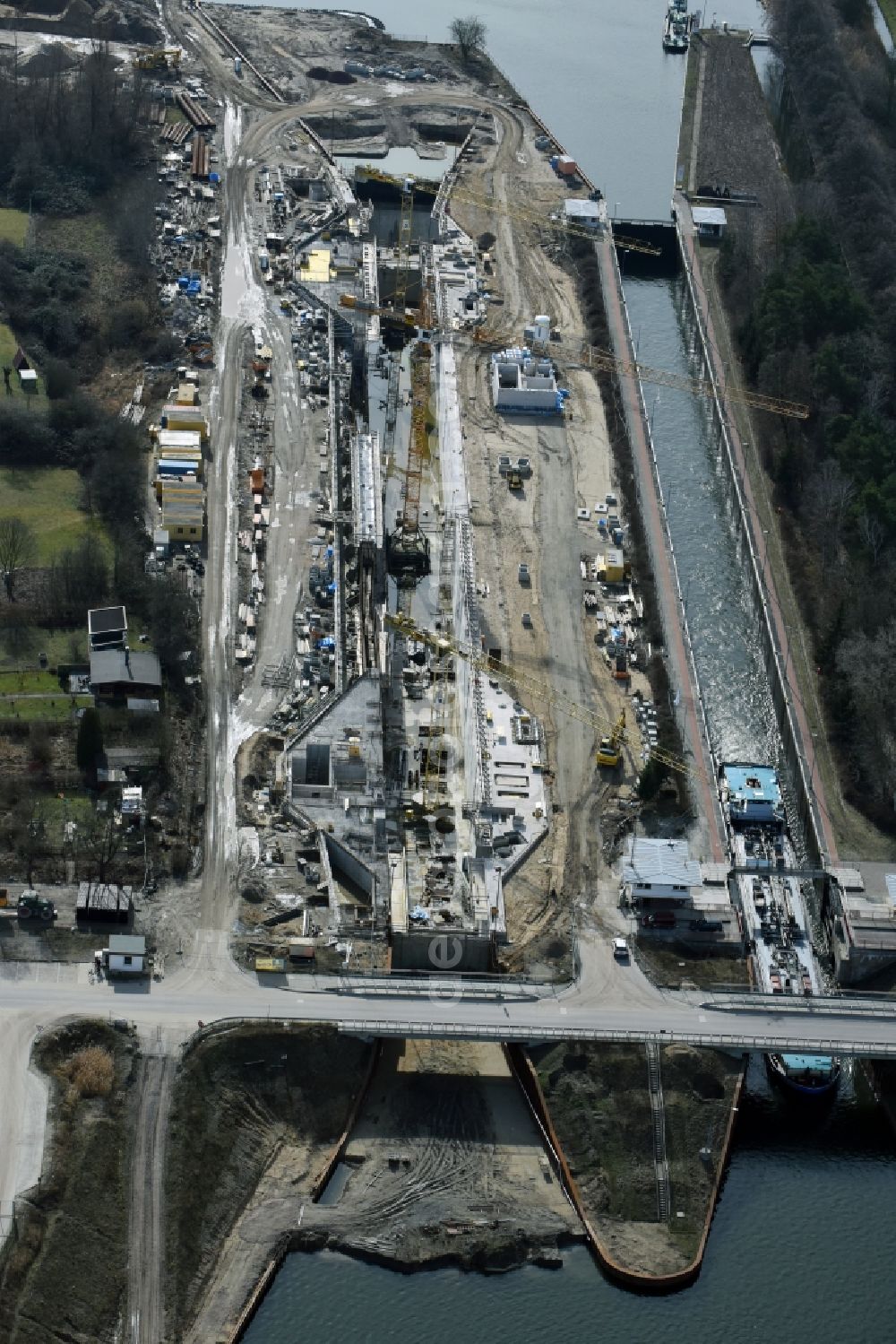 Aerial image Elbe-Parey - Construction site at the Zerben sluice, bridge and the weir at the riverside of the Elbe-Havel-Canel in the state Saxony-Anhalt