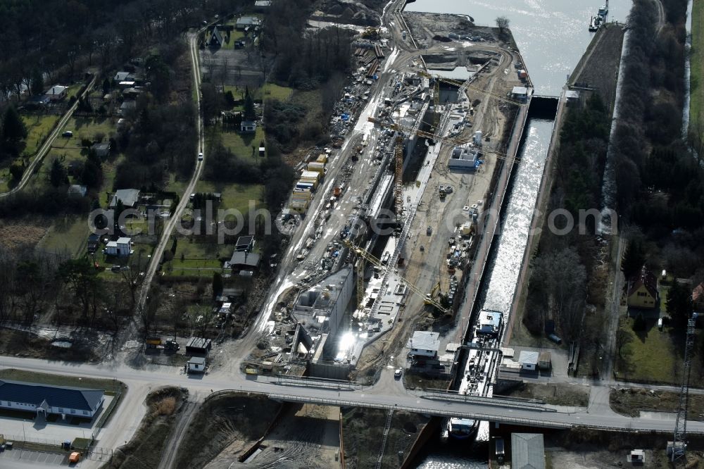 Elbe-Parey from above - Construction site at the Zerben sluice, bridge and the weir at the riverside of the Elbe-Havel-Canel in the state Saxony-Anhalt