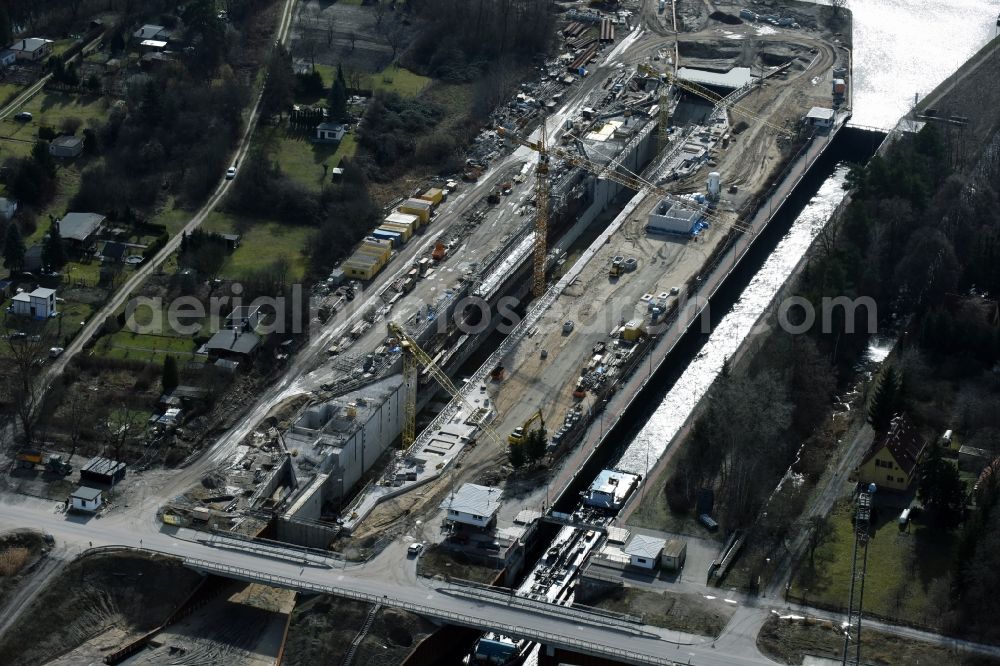 Elbe-Parey from the bird's eye view: Construction site at the Zerben sluice, bridge and the weir at the riverside of the Elbe-Havel-Canel in the state Saxony-Anhalt