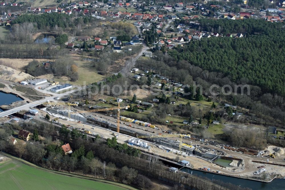 Aerial image Elbe-Parey - Construction site at the Zerben sluice, bridge and the weir at the riverside of the Elbe-Havel-Canel in the state Saxony-Anhalt