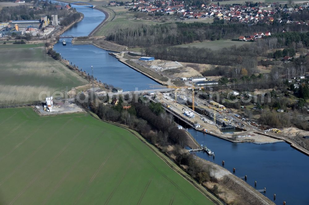 Aerial photograph Elbe-Parey - Construction site at the Zerben sluice, bridge and the weir at the riverside of the Elbe-Havel-Canel in the state Saxony-Anhalt