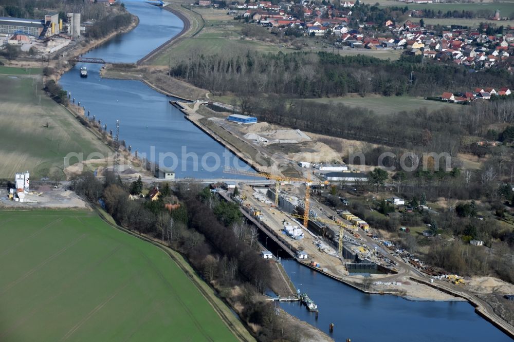 Elbe-Parey from above - Construction site at the Zerben sluice, bridge and the weir at the riverside of the Elbe-Havel-Canel in the state Saxony-Anhalt