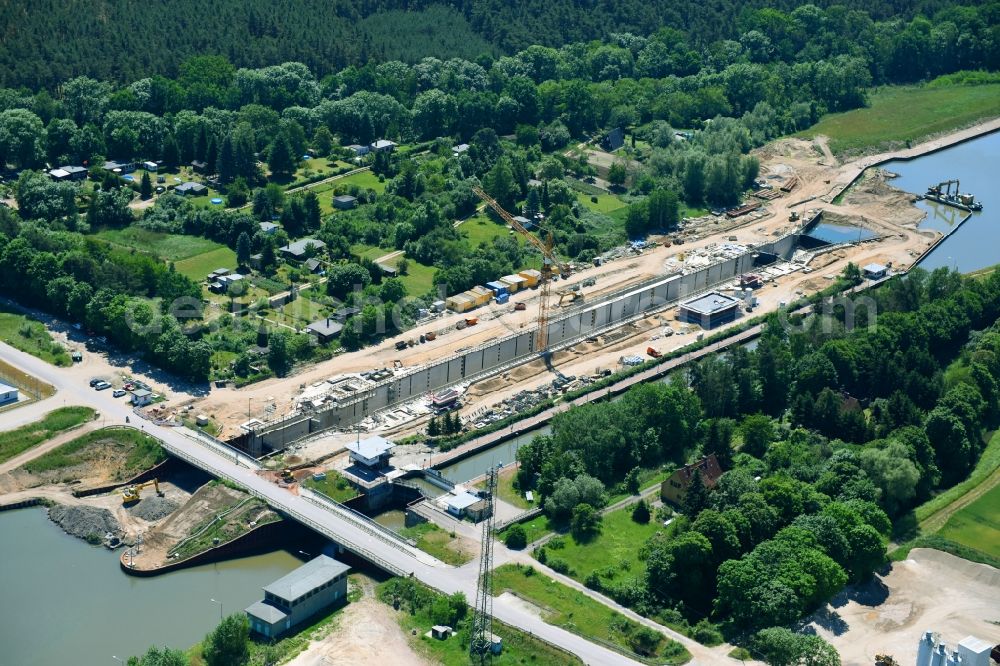 Elbe-Parey from the bird's eye view: Construction site at the Zerben sluice and bridge at the riverside of the Elbe-Havel-Canel in the state Saxony-Anhalt