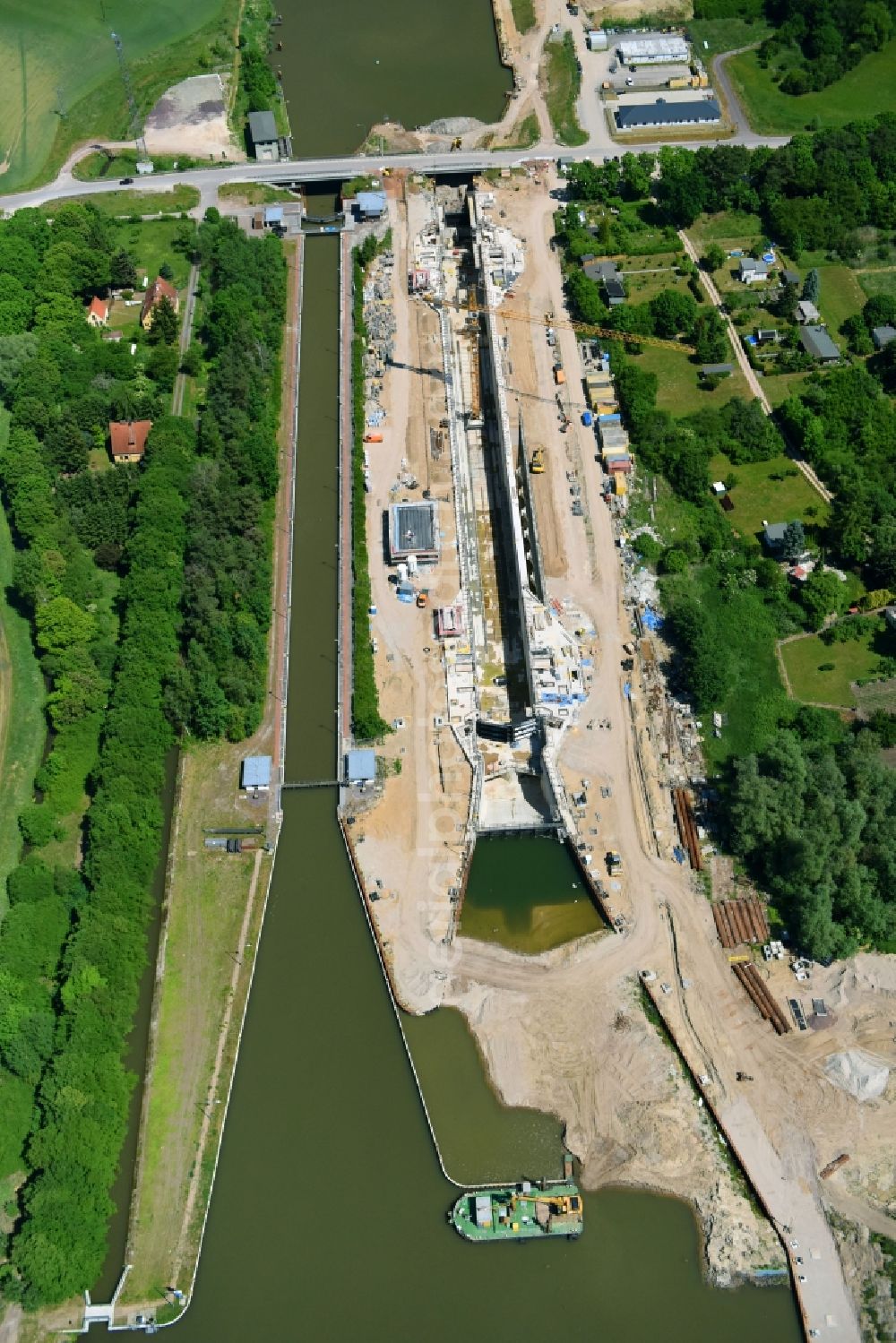 Elbe-Parey from above - Construction site at the Zerben sluice and bridge at the riverside of the Elbe-Havel-Canel in the state Saxony-Anhalt