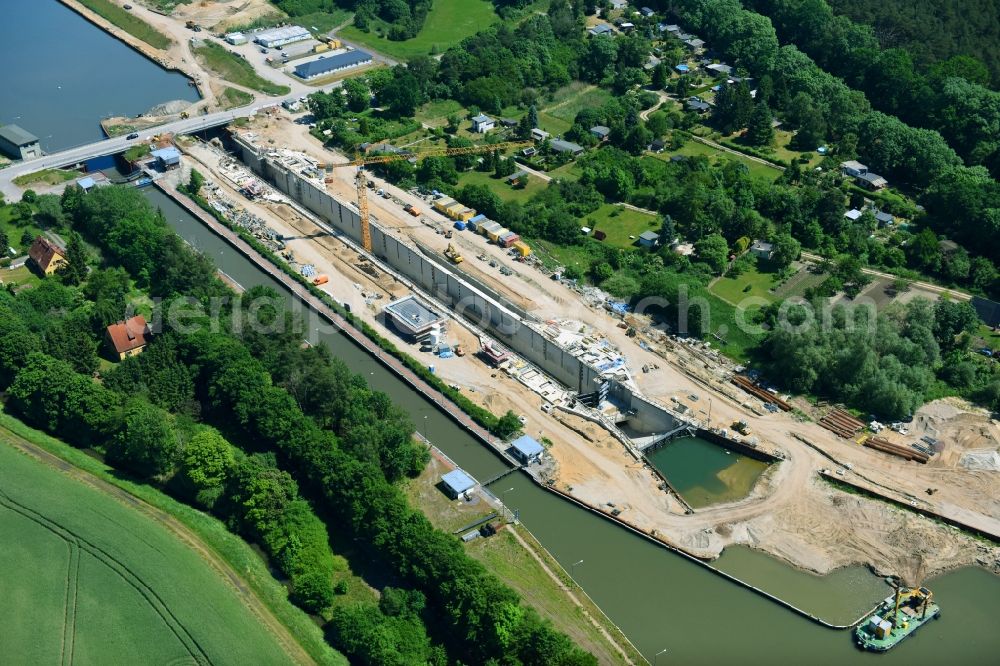 Elbe-Parey from above - Construction site at the Zerben sluice and bridge at the riverside of the Elbe-Havel-Canel in the state Saxony-Anhalt