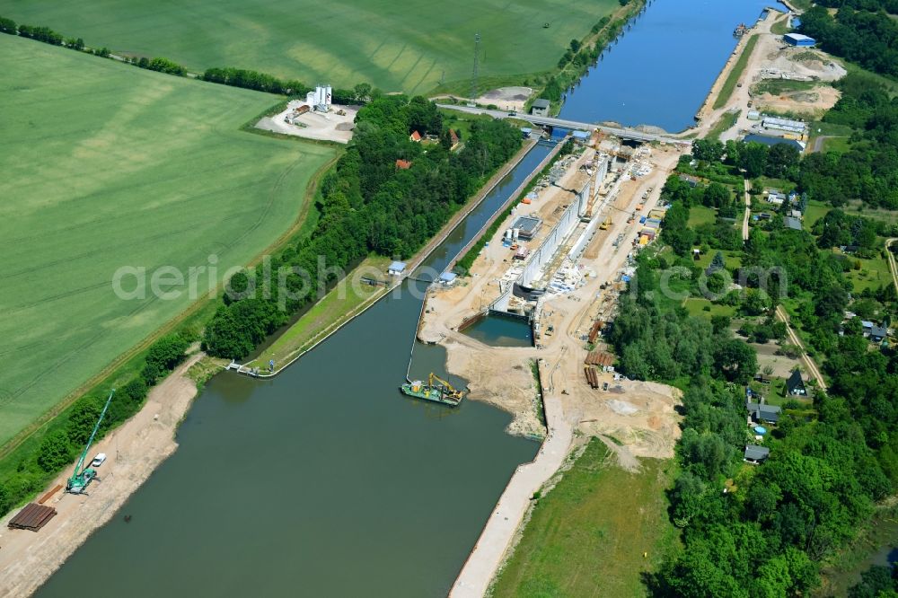 Elbe-Parey from the bird's eye view: Construction site at the Zerben sluice and bridge at the riverside of the Elbe-Havel-Canel in the state Saxony-Anhalt