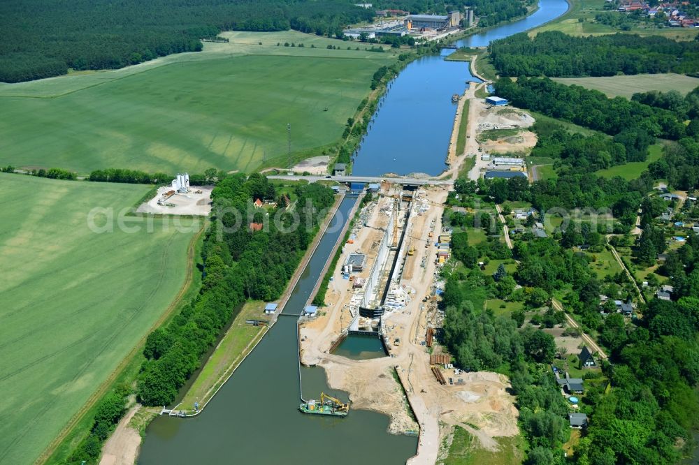 Aerial image Elbe-Parey - Construction site at the Zerben sluice, bridge and the weir at the riverside of the Elbe-Havel-Canel in the state Saxony-Anhalt