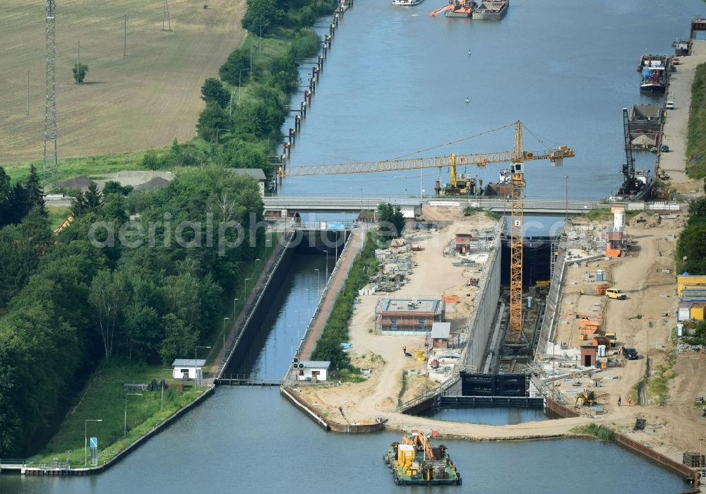 Zerben from above - Construction site at the Zerben sluice, bridge and the weir at the riverside of the Elbe-Havel-Canel in the state Saxony-Anhalt