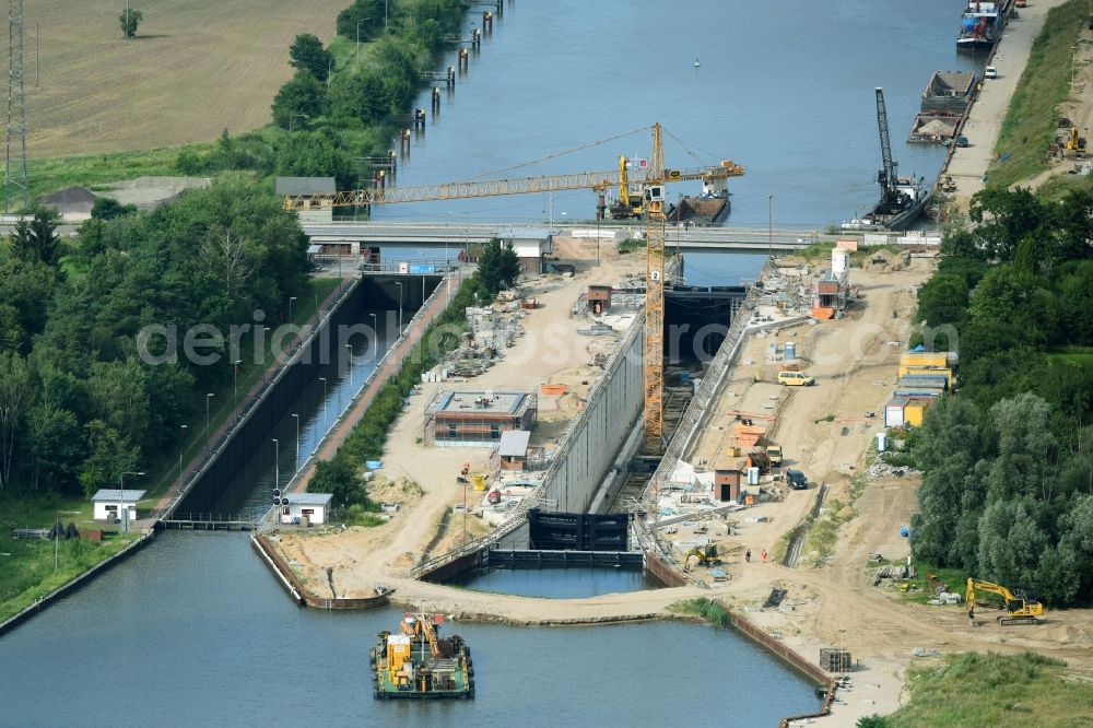 Zerben from the bird's eye view: Construction site at the Zerben sluice, bridge and the weir at the riverside of the Elbe-Havel-Canel in the state Saxony-Anhalt