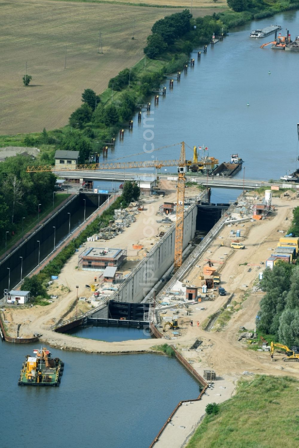 Aerial image Zerben - Construction site at the Zerben sluice, bridge and the weir at the riverside of the Elbe-Havel-Canel in the state Saxony-Anhalt