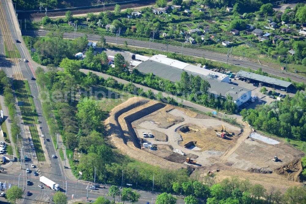 Leipzig from the bird's eye view: Construction site in the Suedvorstadt part in Leipzig in the state Saxony. An antenna and broadcasting tower will be built on site. The construction site is located in the commercial area Messegrund on Richard-Lehmann-Strasse and Zwickauer Strasse