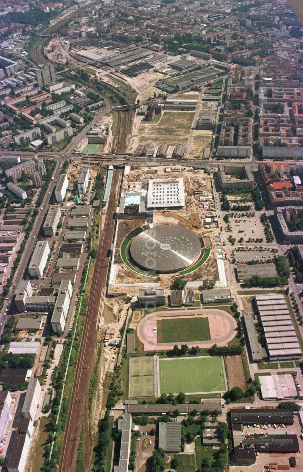 Berlin - Friedrichshain from the bird's eye view: Baustelle Sportkomplex an der Landsberger Allee (OSB SSB GmbH).