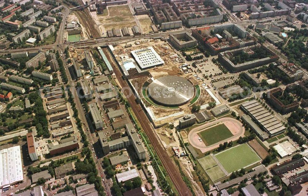 Berlin - Friedrichshain from the bird's eye view: Baustelle Sportkomplex an der Landsberger Allee (OSB SSB GmbH).