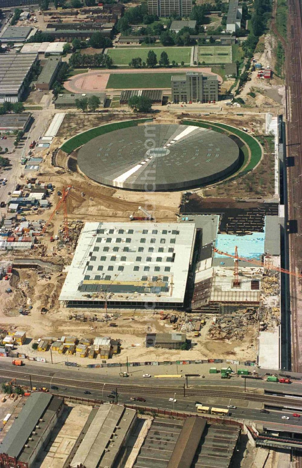 Berlin - Friedrichshain from the bird's eye view: Baustelle Sportkomplex an der Landsberger Allee (OSB SSB GmbH).