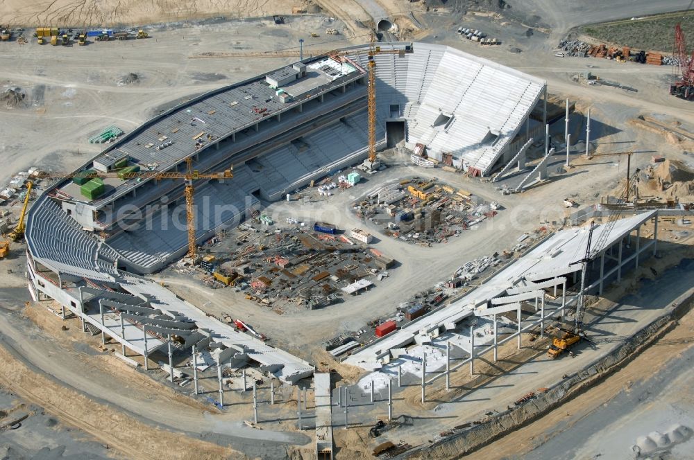 Sinsheim from the bird's eye view: Construction site of Sports facility grounds of the Arena stadium WIRSOL Rhein-Neckar-Arena an der Dietmar-Hopp-Strasse in Sinsheim in the state Baden-Wuerttemberg