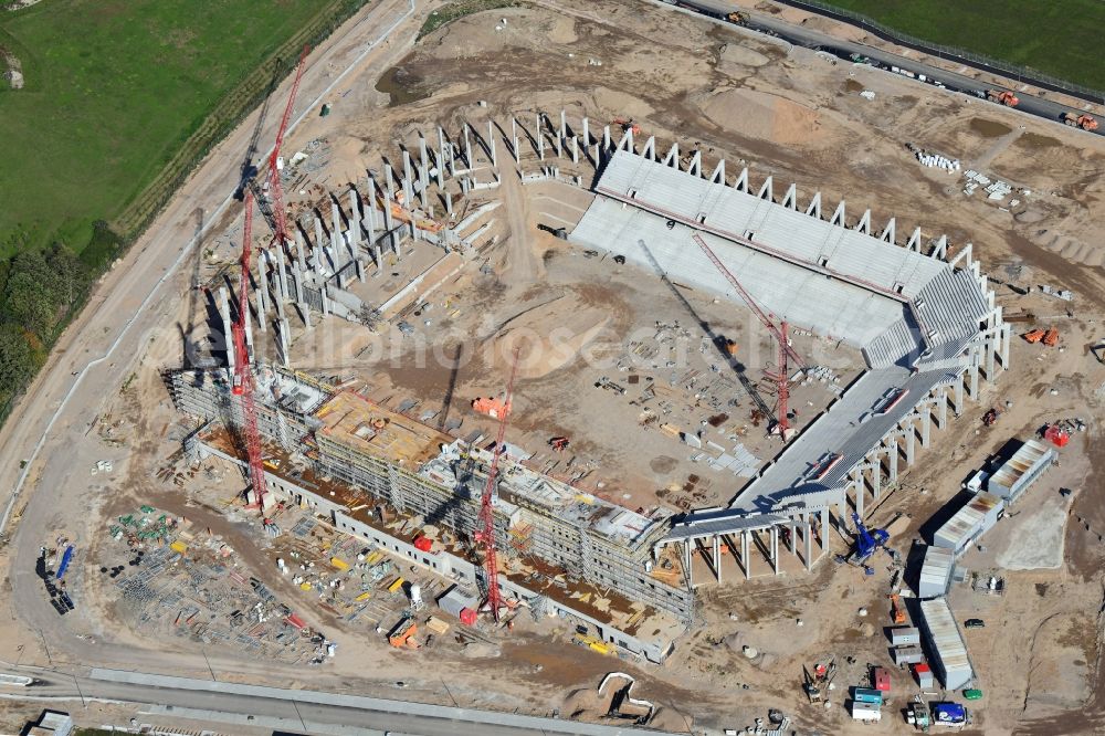 Freiburg im Breisgau from above - Construction site on the sports ground of the stadium SC-Stadion of Stadion Freiburg Objekttraeger GmbH & Co. KG (SFG) in the district Bruehl in Freiburg im Breisgau in the state Baden-Wurttemberg, Germany