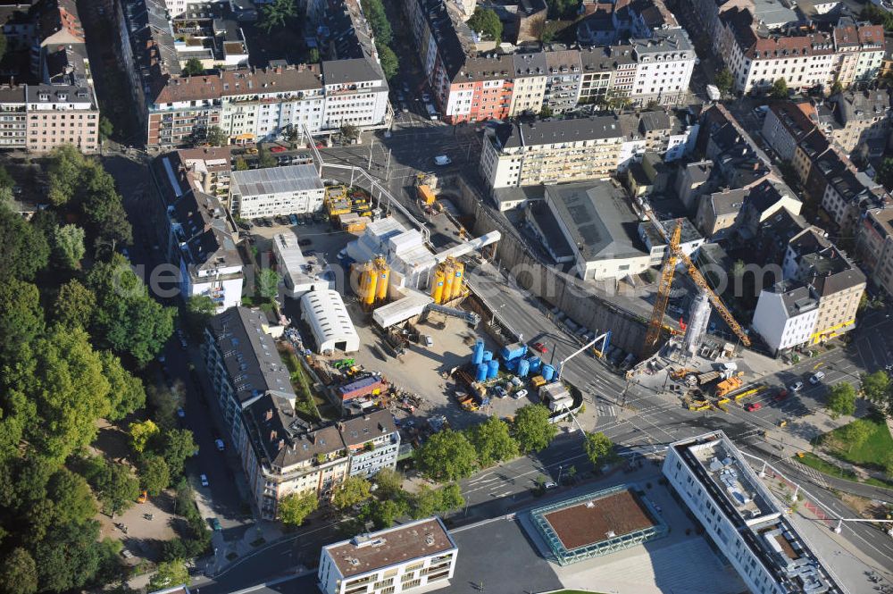 Düsseldorf from the bird's eye view: Baustelle der Stadtbahnstrecke Wehrhahn-Linie an der Elisabethstraße in Düsseldorf-Friedrichstadt. Construction site of the city railway line Wehrhahn-Linie at the street Elisabethstrasse in Düsseldorf-Friedrichstadt.