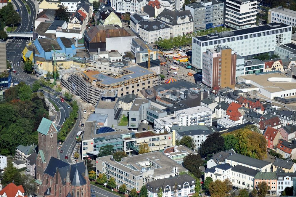 Aerial photograph Lüdenscheid - Cityview of Lüdenscheid in the state North Rhine-Westphalia. In the shot are the catholic parish church St. Josef and Medardus, the penny bank of Lüdenscheid and the Federal State Central Bank of Lüdenscheid