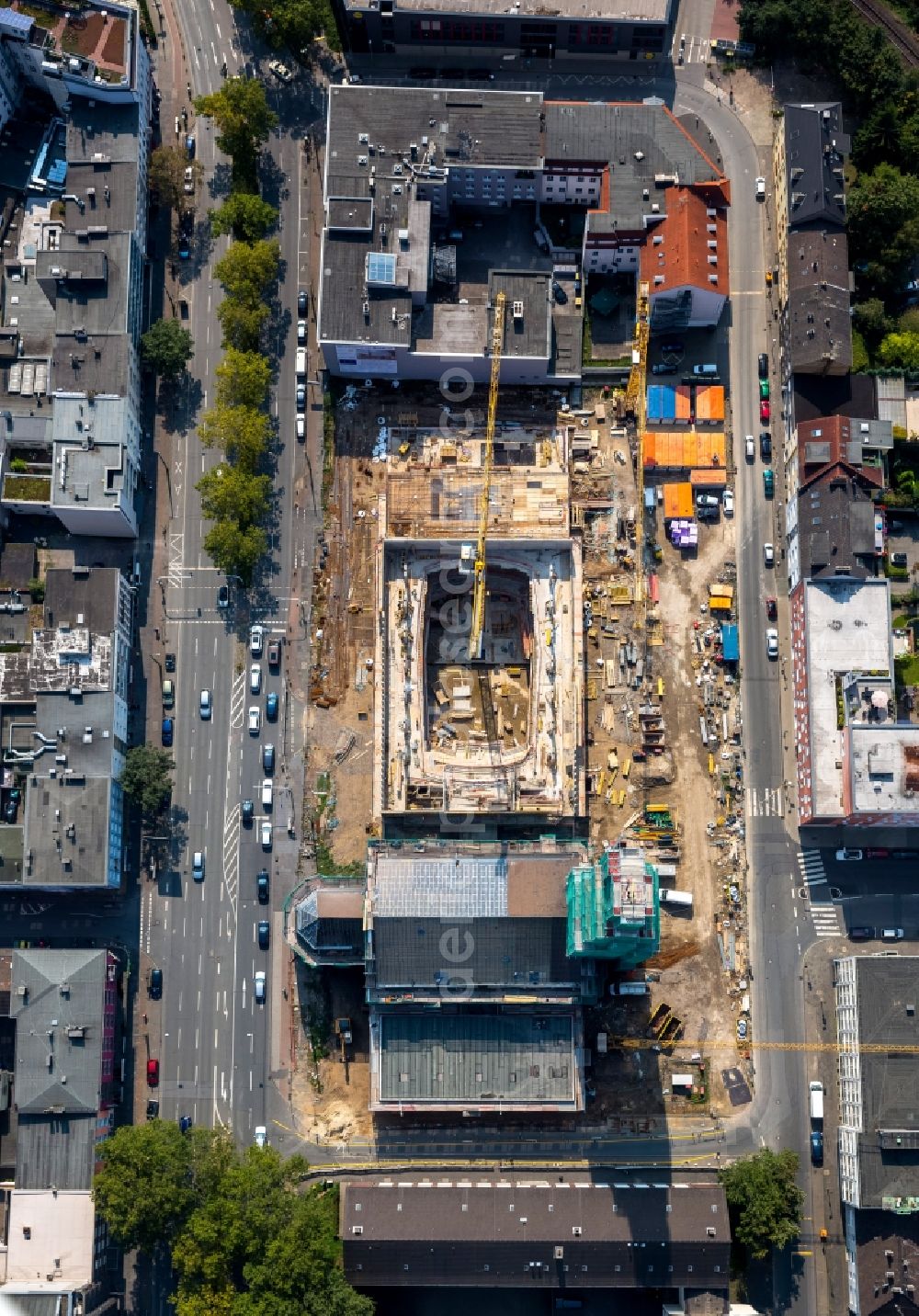 Bochum from the bird's eye view: Construction of St.Marienkirche and site of the Bochum Symphony in Bochum in North Rhine-Westphalia