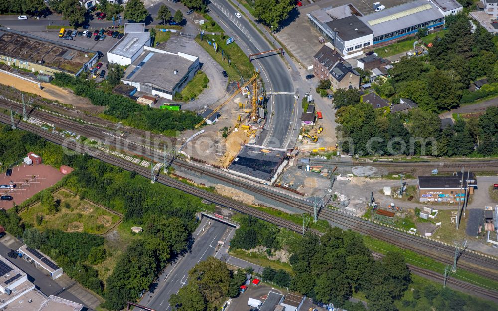 Aerial image Dinslaken - Tunnel construction site and road construction work on Willy-Brandt-Strasse federal highway B8 and railway line in Dinslaken in the Ruhr area in the federal state of North Rhine-Westphalia, Germany