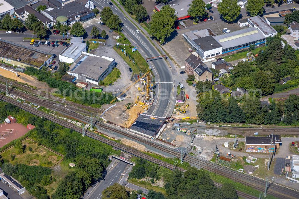 Aerial photograph Dinslaken - Tunnel construction site and road construction work on Willy-Brandt-Strasse federal highway B8 and railway line in Dinslaken in the Ruhr area in the federal state of North Rhine-Westphalia, Germany