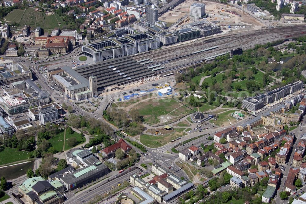 Stuttgart from above - Construction site at the Stuttgart Central station in Baden-Wuerttemberg. The termnal station will be largely demolished during the project Stuttgart 21 and converted into an underground transit station