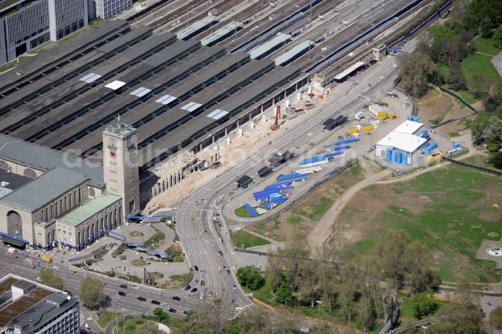 Aerial image Stuttgart - Construction site at the Stuttgart Central station in Baden-Wuerttemberg. The termnal station will be largely demolished during the project Stuttgart 21 and converted into an underground transit station