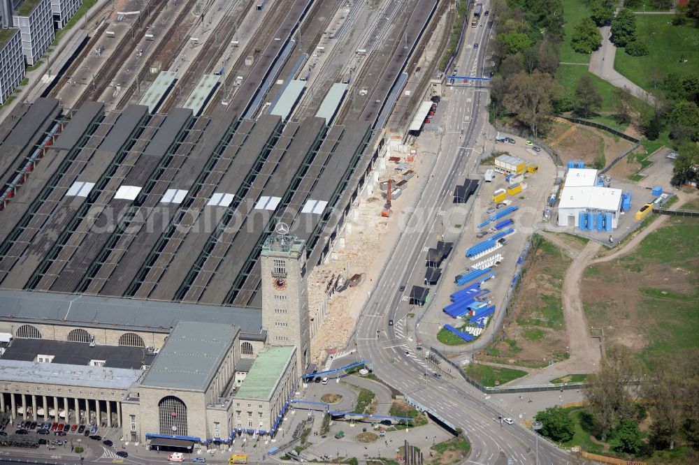 Stuttgart from above - Construction site at the Stuttgart Central station in Baden-Wuerttemberg. The termnal station will be largely demolished during the project Stuttgart 21 and converted into an underground transit station